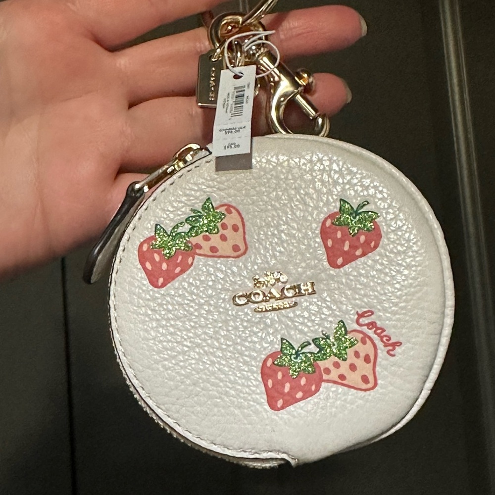 Coach White Coin Pouch keychain with Strawberries